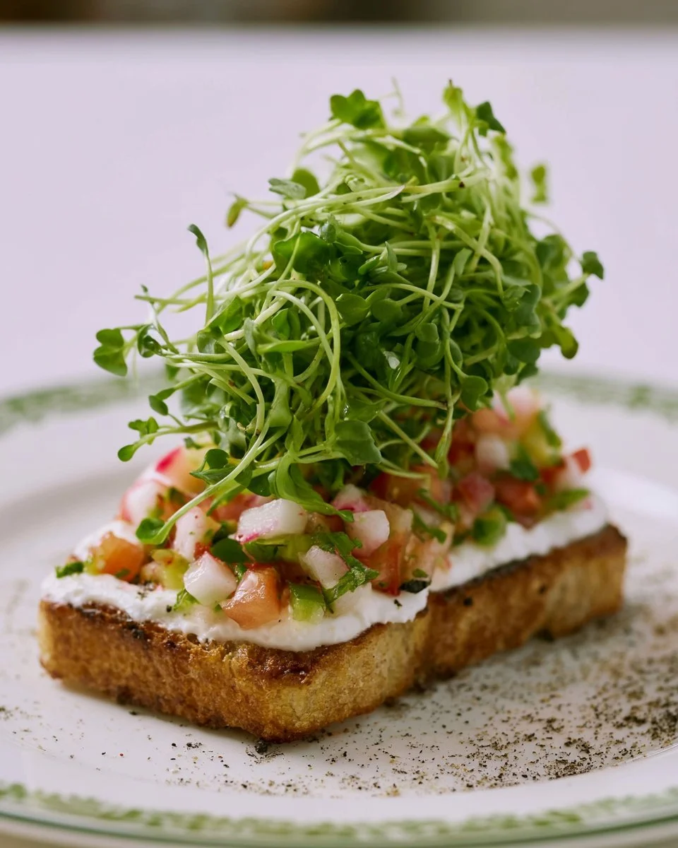 Braunes Brot mit Quark und Radieschensalat auf einem Teller serviert.
