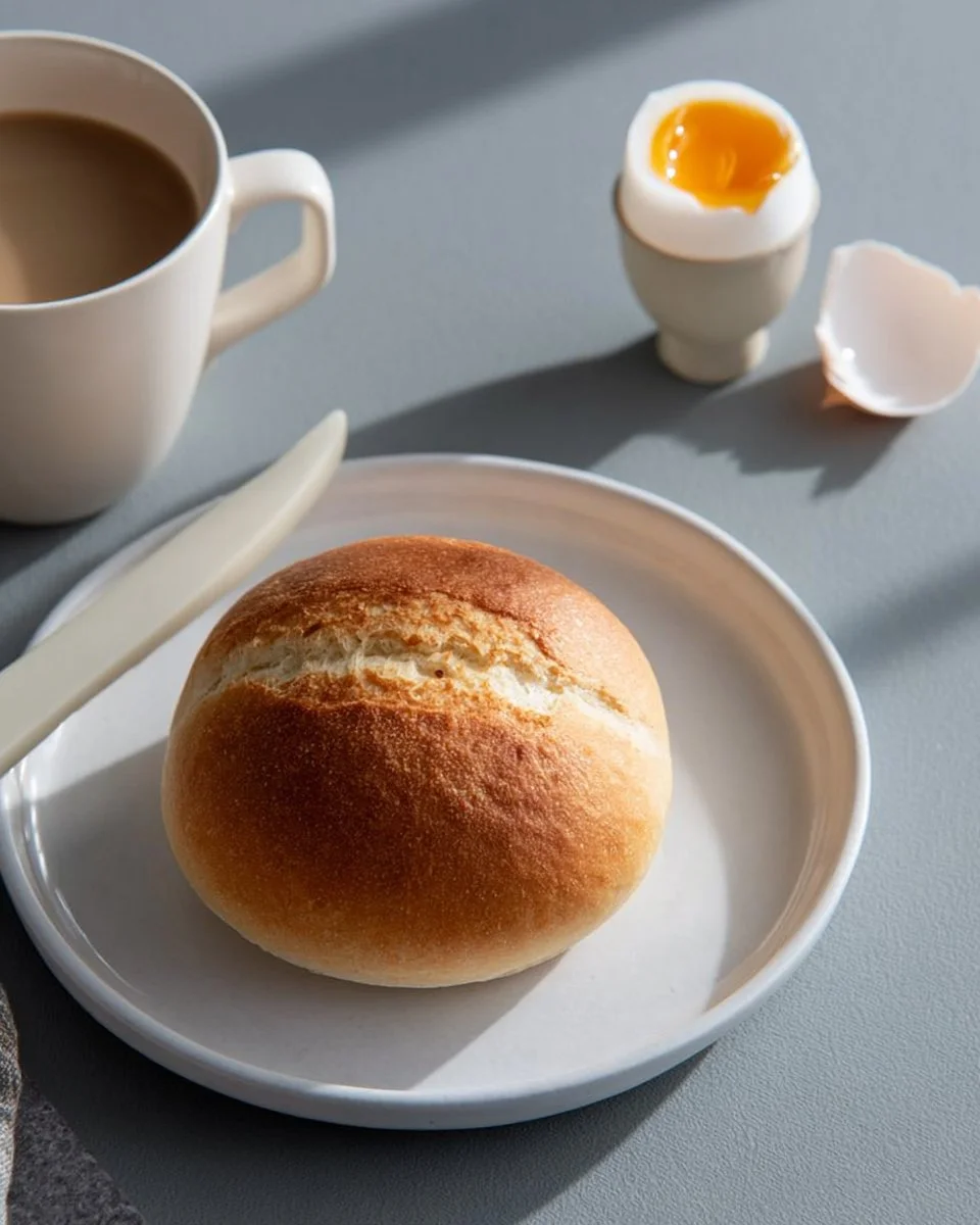Brötchen und Frühstücksei frisch zubereitet in der Heißluftfritteuse.