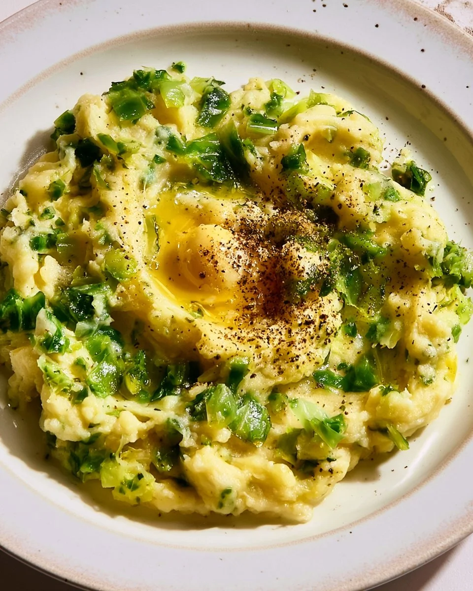 Colcannon: Irisches Kartoffelpüree mit Savoyenkohl auf einem Teller serviert.