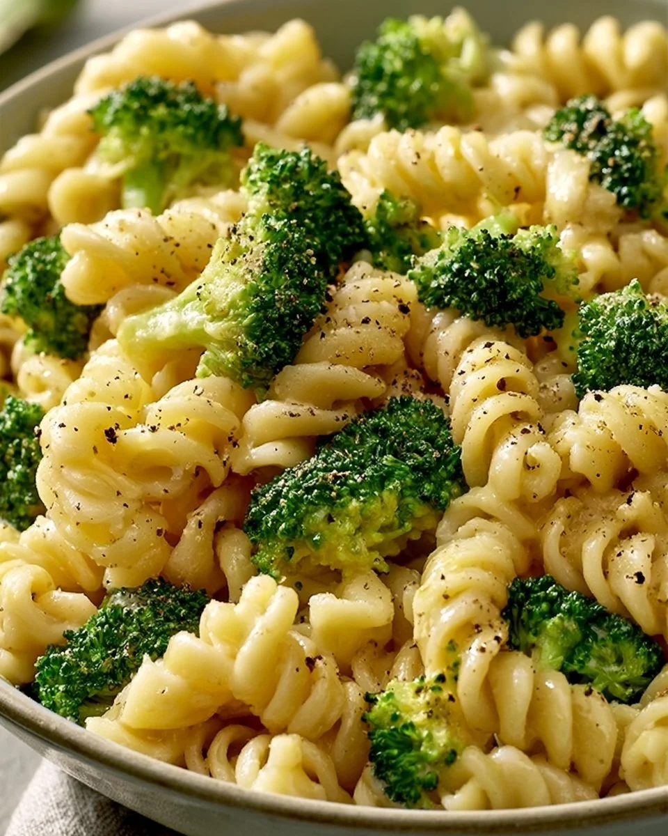 Cremige One Pot Pasta mit Brokkoli in einem Topf gekocht