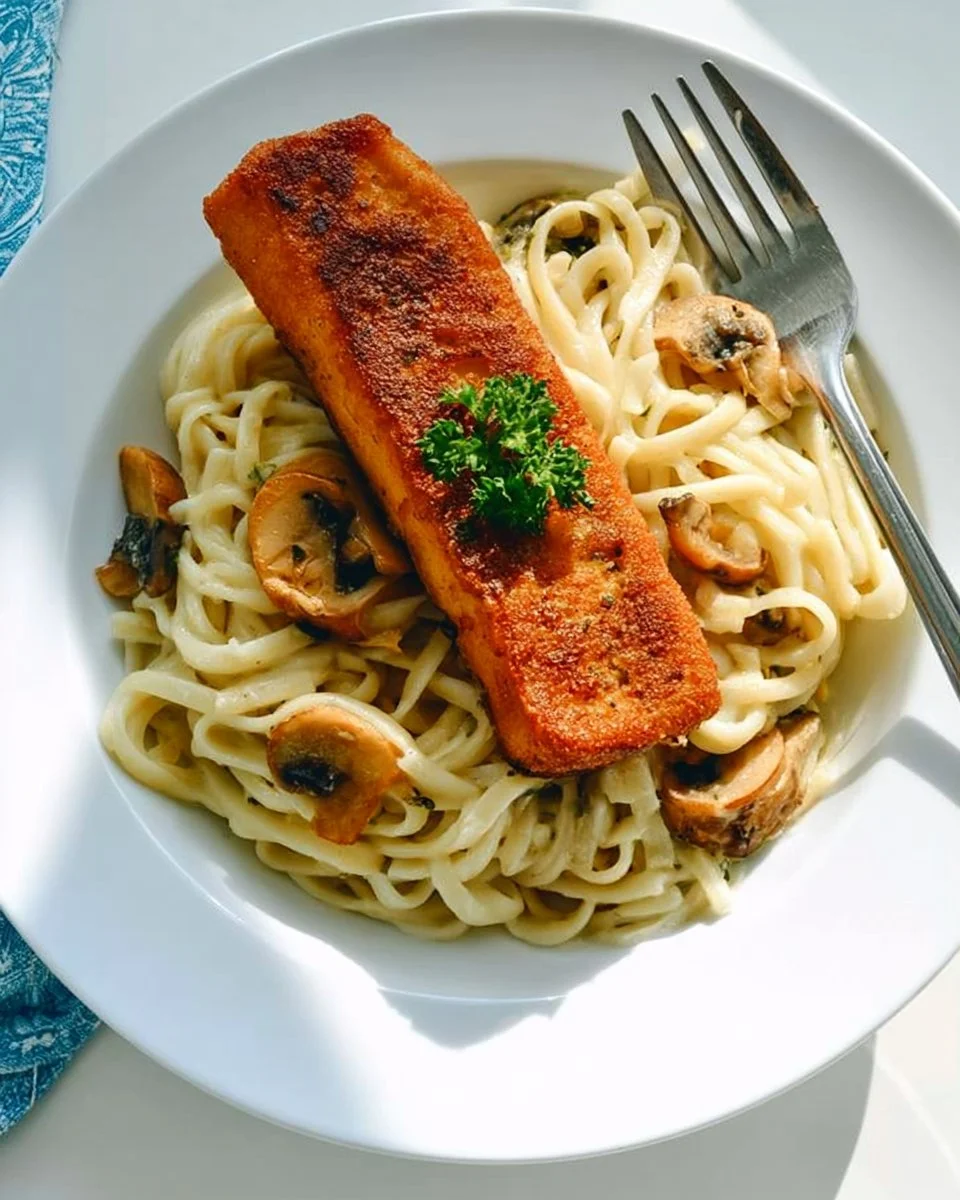Cremige Spaghetti mit wildem Lachs auf einem Teller angerichtet