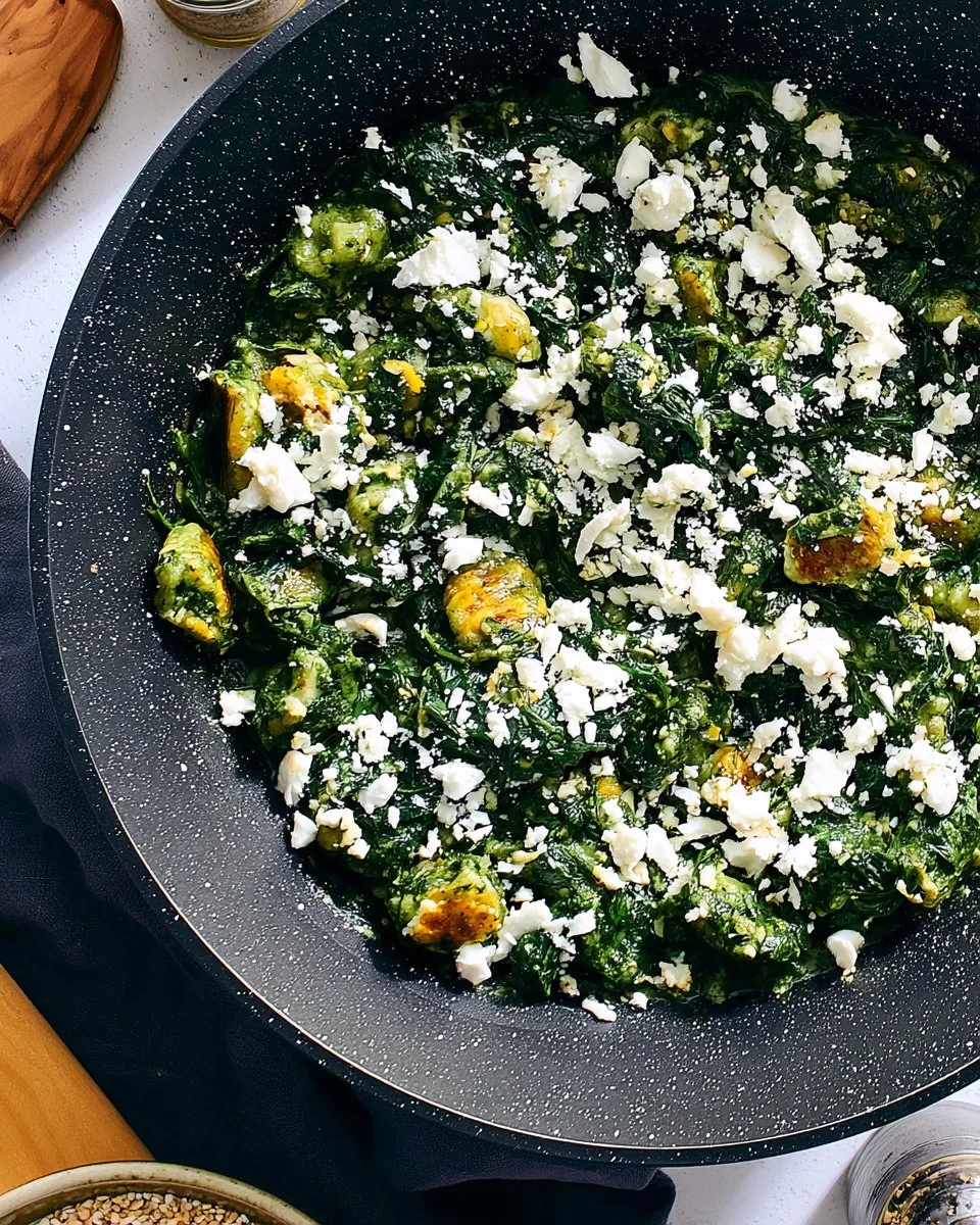 Cremige Spinat Feta Gnocchi in einer Pfanne, schnell und proteinreich zubereitet