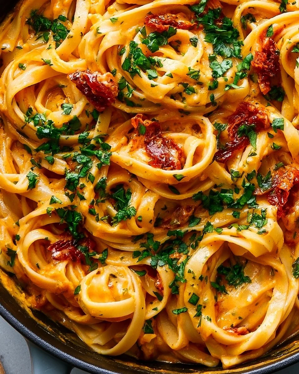 Cremige vegane Pasta mit sonnengetrockneten Tomaten auf einem Teller serviert