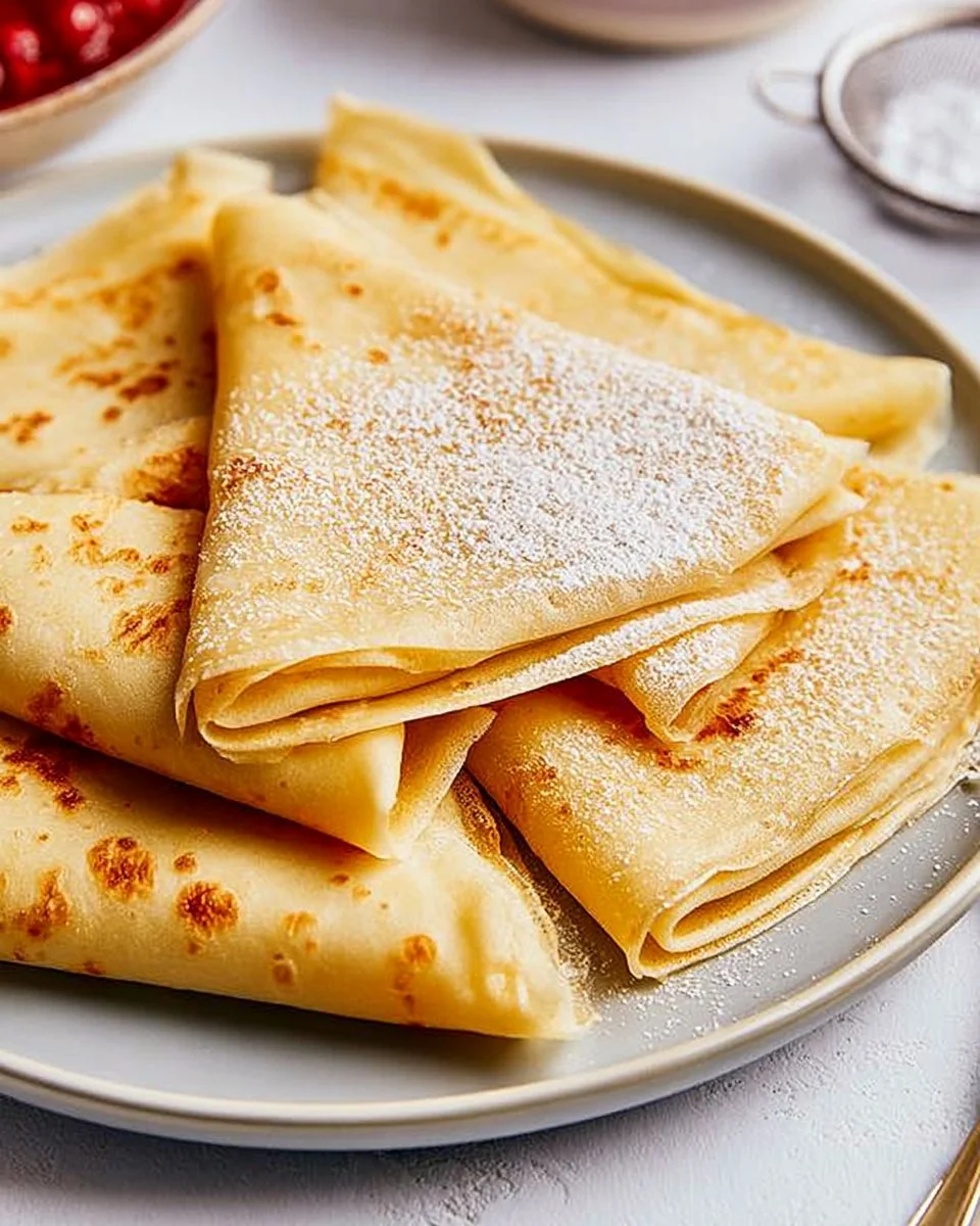 Perfekte Pfannkuchen auf einem Teller serviert, mit frischem Obst und Puderzucker.