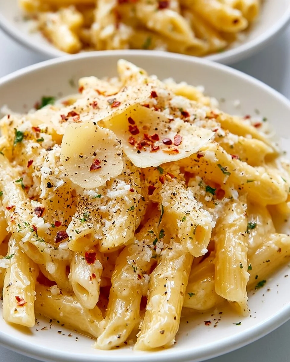 Cremige Knoblauchpasta in einem Topf, serviert mit frischen Kräutern.