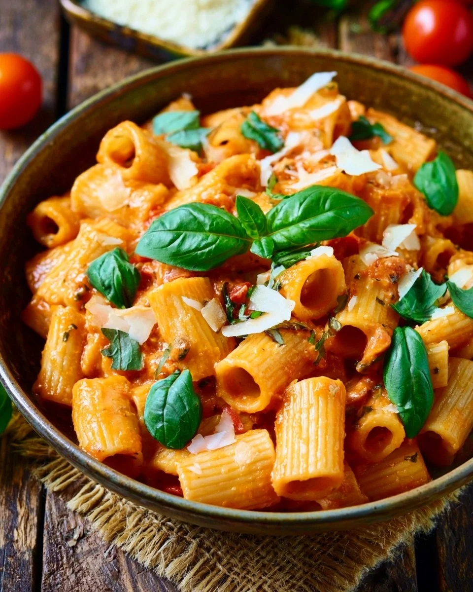 Ein Topf voller Pasta mit Kirschtomaten und frischem Basilikum auf einem Teller.