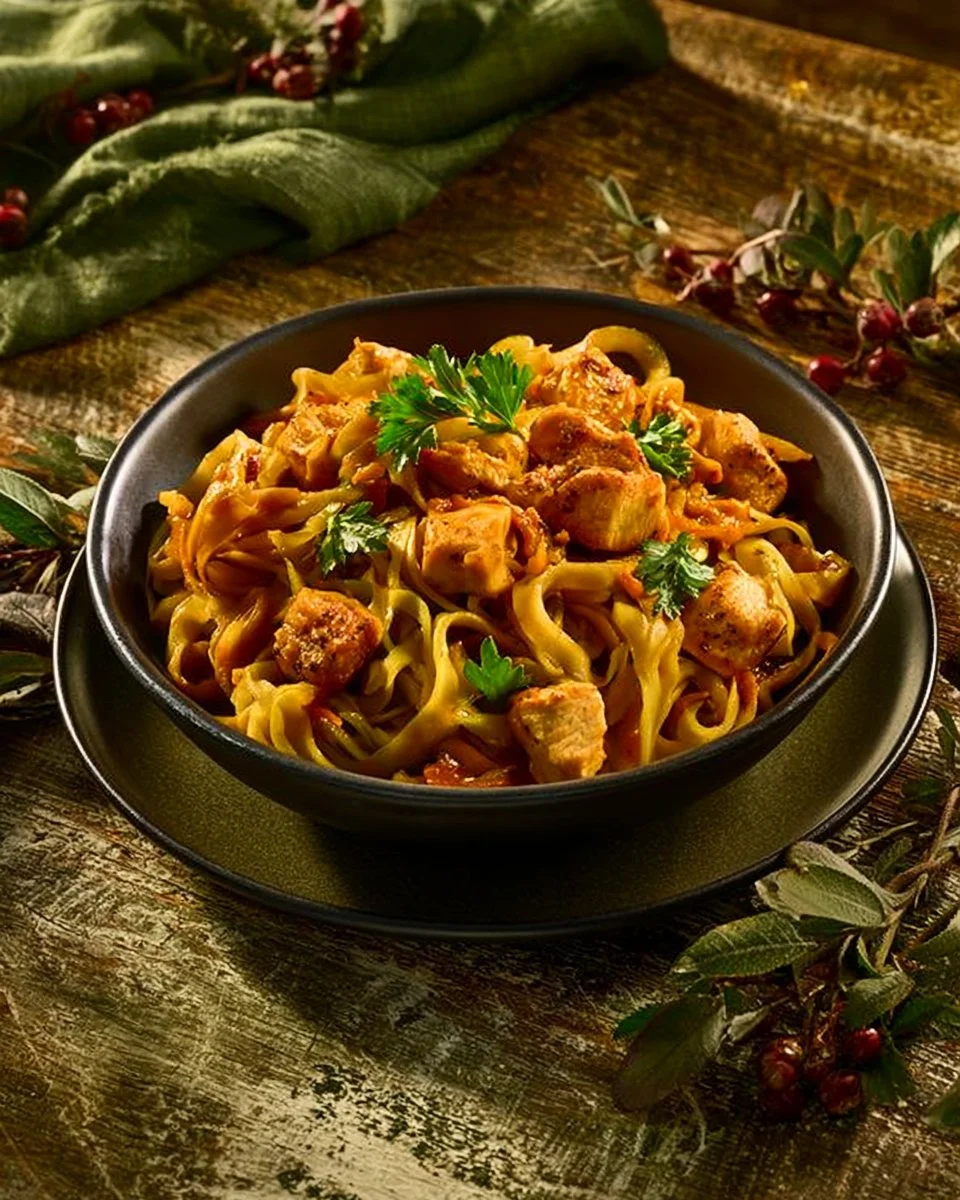 Ein Topf Spätzle mit Hühnchen serviert auf einem Teller