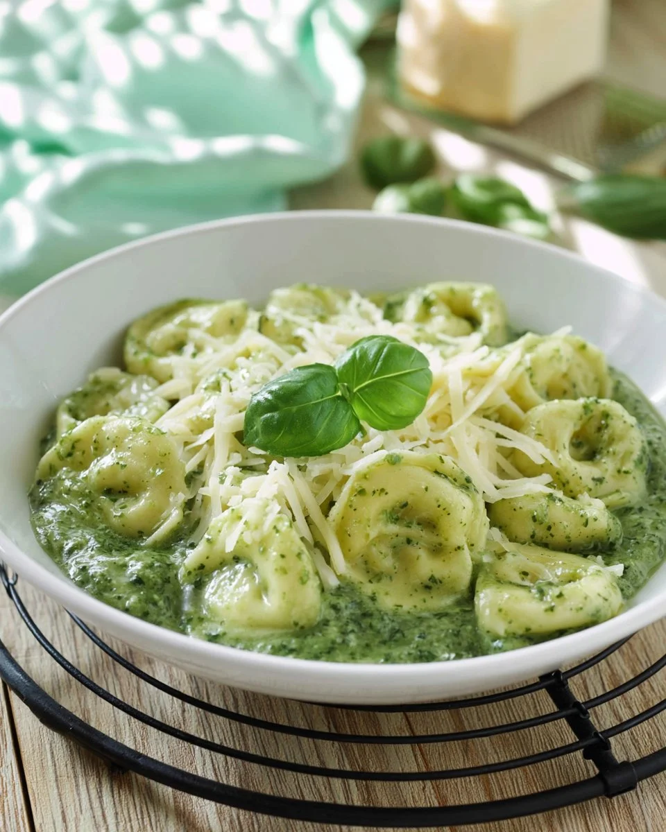 Ein Topf Spinat Tortellini mit frischem Spinat und Tomatensauce