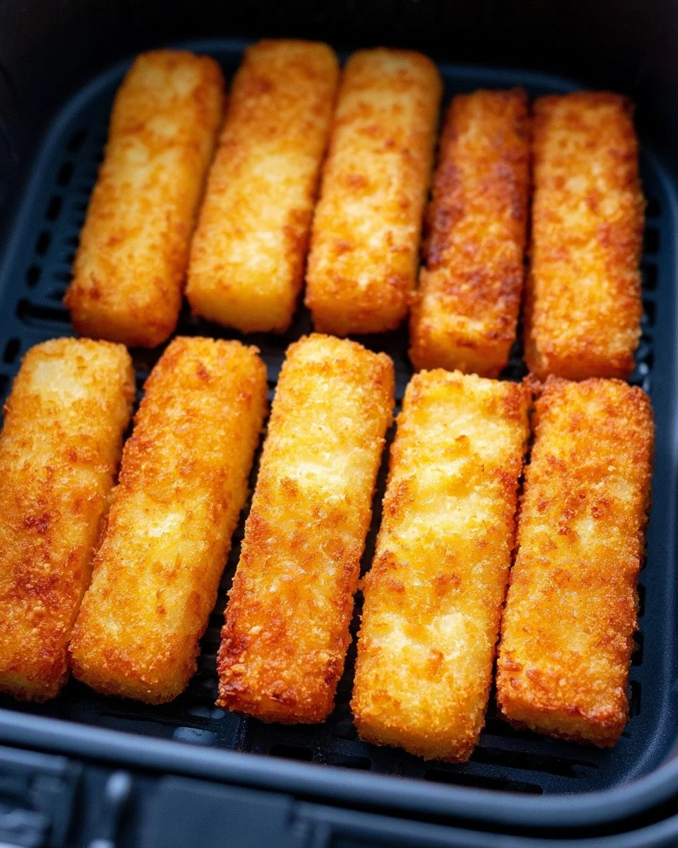 Knusprige Fischstäbchen aus der Heißluftfritteuse auf einem Teller
