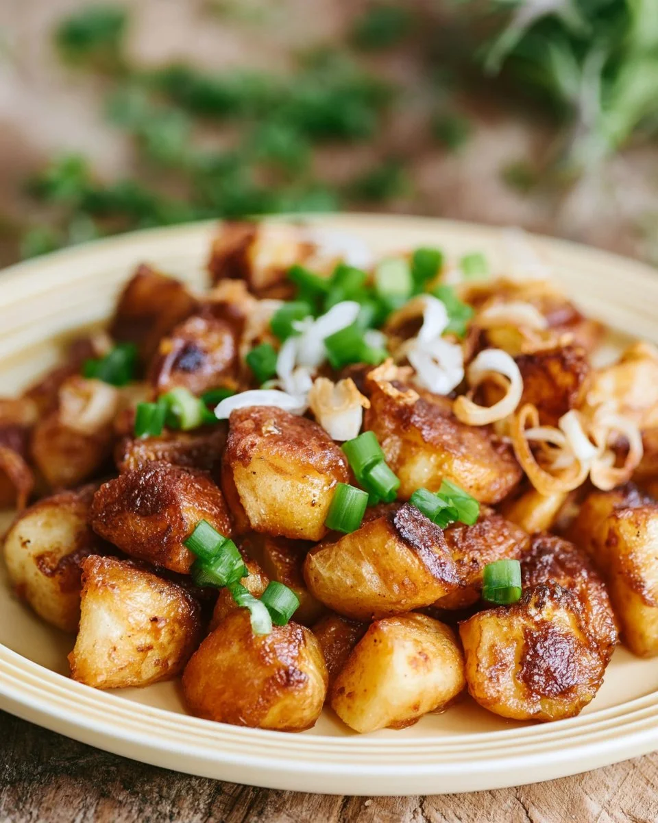 Knusprige gebratene Kartoffeln aus dem Heißluftfryer serviert auf einem Teller