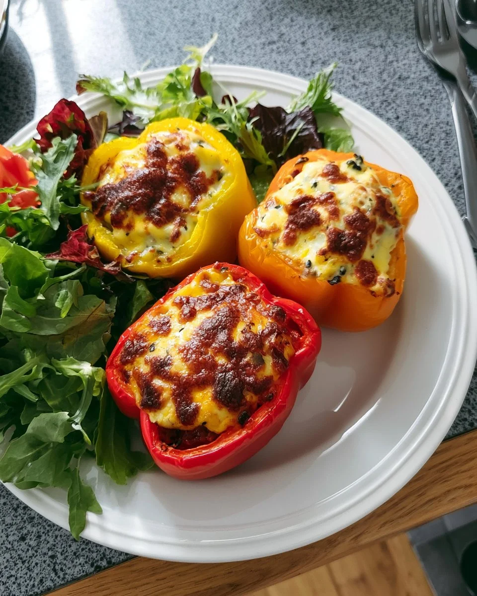 Gefüllte Feta Paprika serviert mit buntem frischen Salat