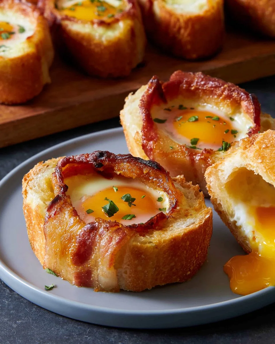 Gefüllte Frühstücksbrötchen mit Ei, Bacon und Käse auf einem Teller