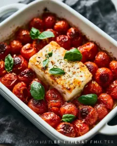 Gesunder Feta Pasta Auflauf mit Kirschtomaten im Ofen gebacken.