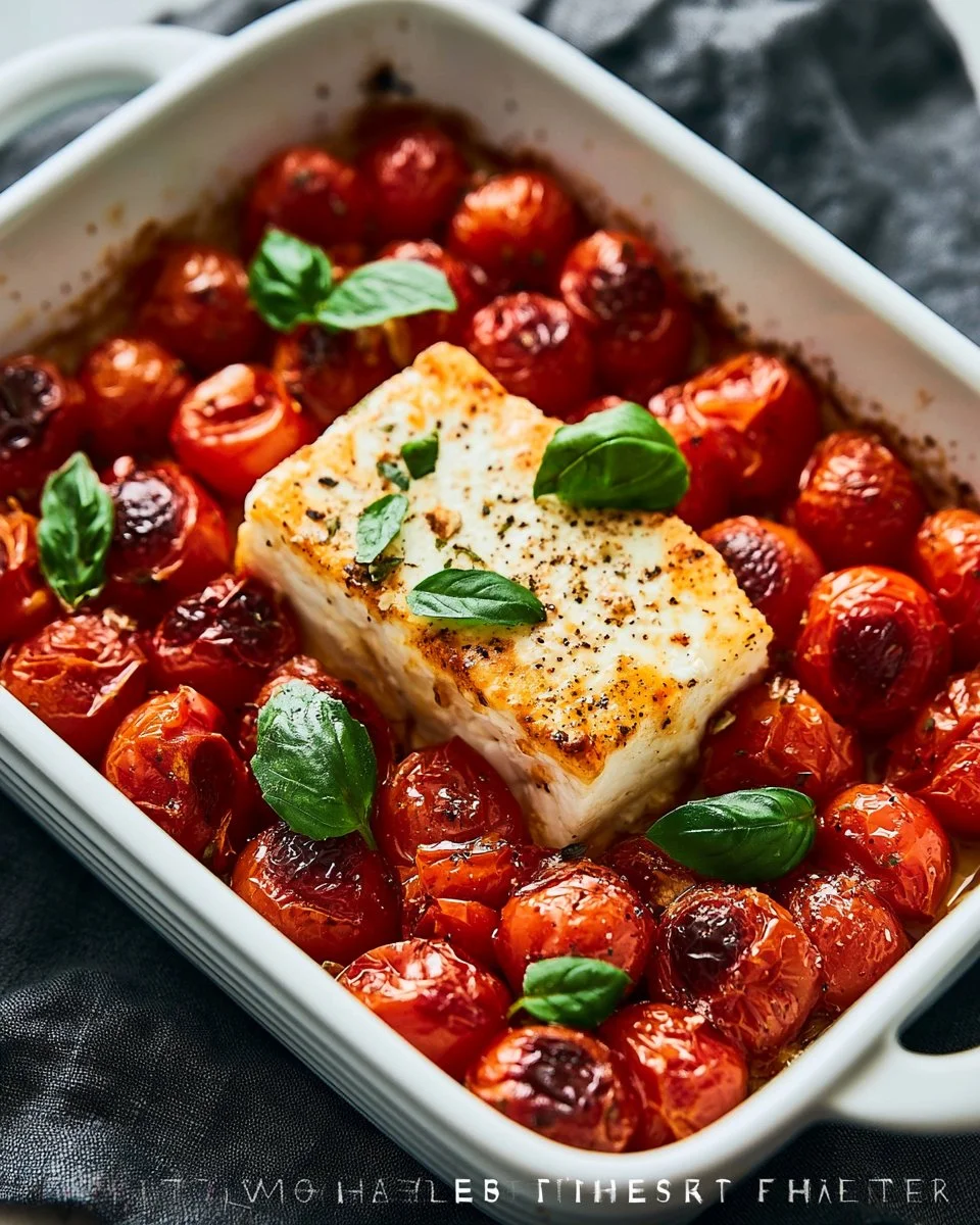 Gesunder Feta Pasta Auflauf mit Kirschtomaten im Ofen gebacken.