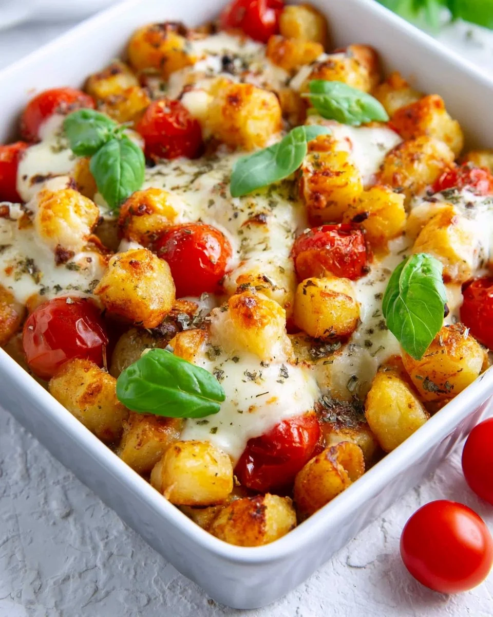 Leckeres Gnocchi Auflauf mit Tomate und Mozzarella auf einem Teller.