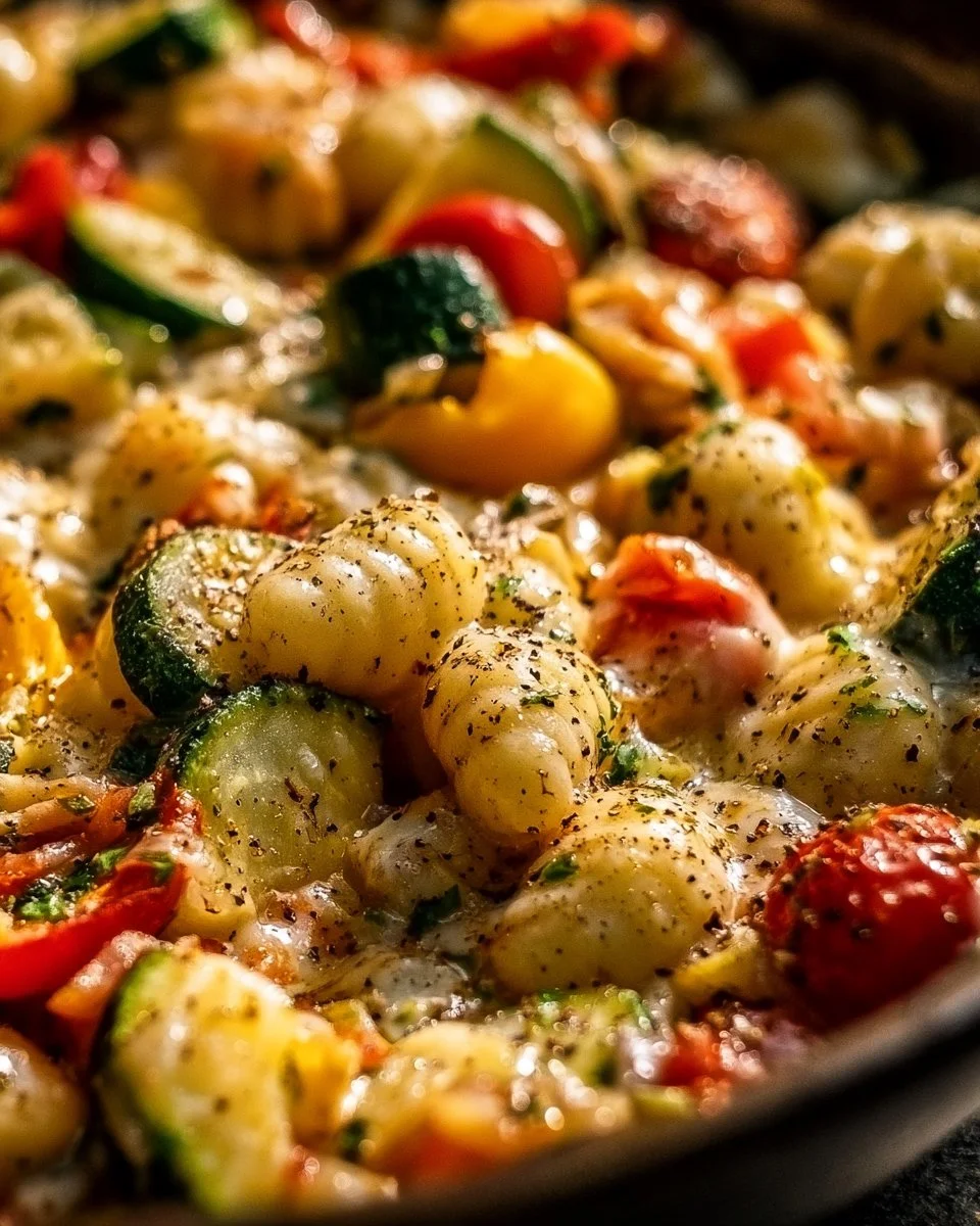 Gnocchi Gemüse Pfanne mit Frischkäse auf einem Teller