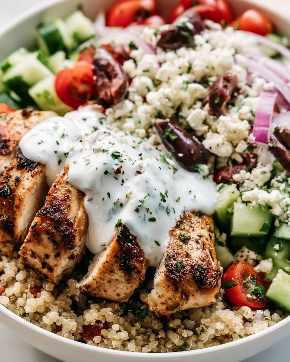 Griechische Hähnchen Getreideschüssel mit frischem Gemüse