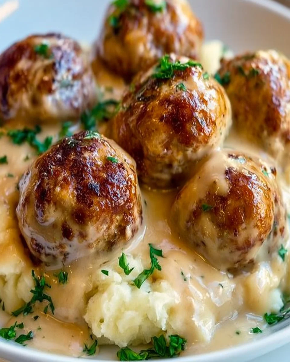 Hackbällchen in cremiger Sauce auf Kartoffelpüree angerichtet