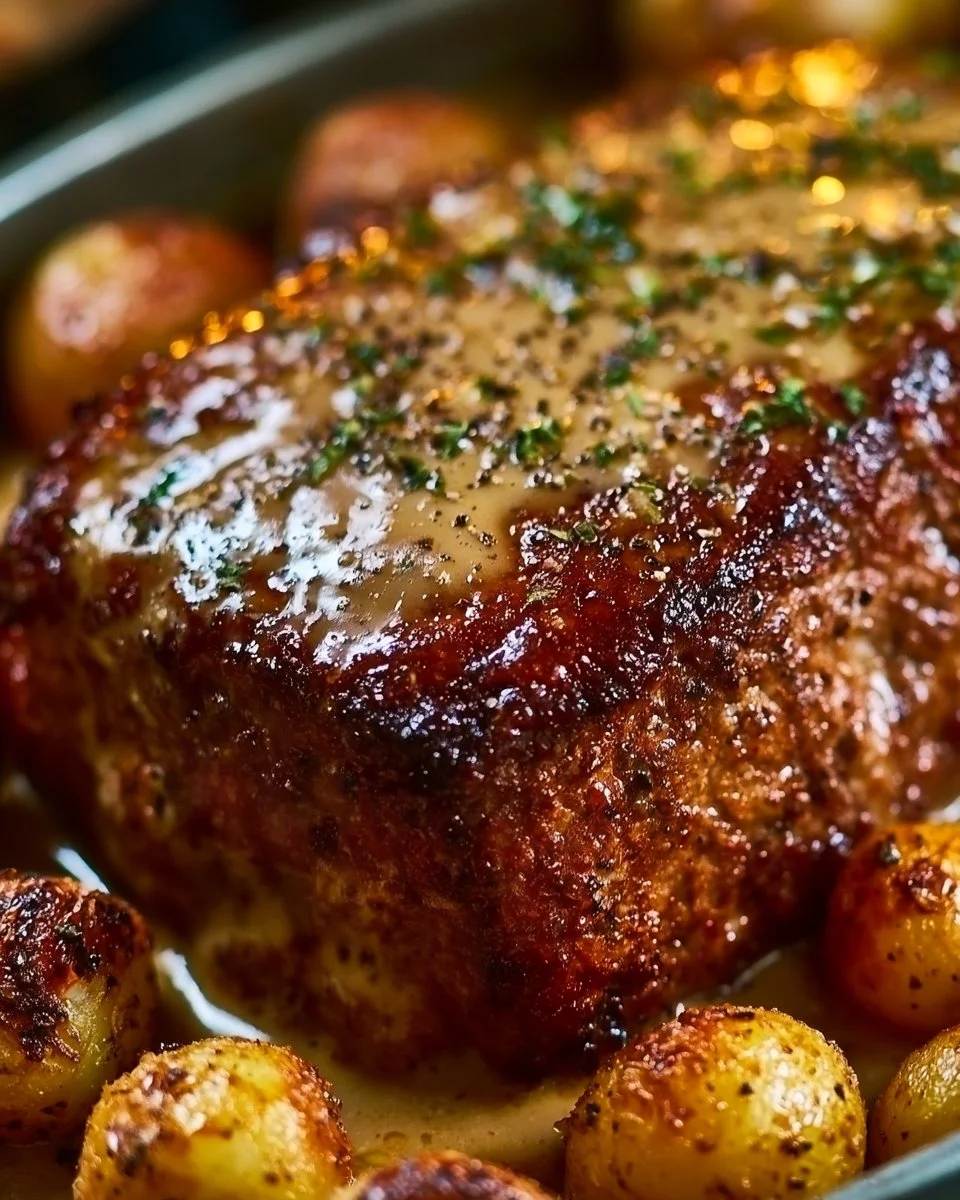 Hackbraten mit Kartoffeln in Sahne auf einem Teller serviert