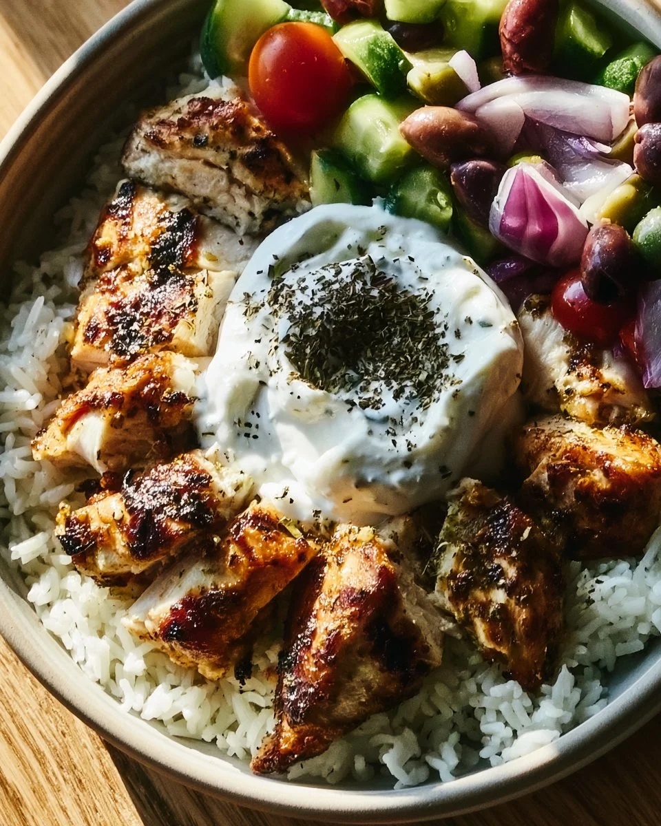 Hähnchen Gyros Schalen mit Reis und Tzatziki auf einem Teller.