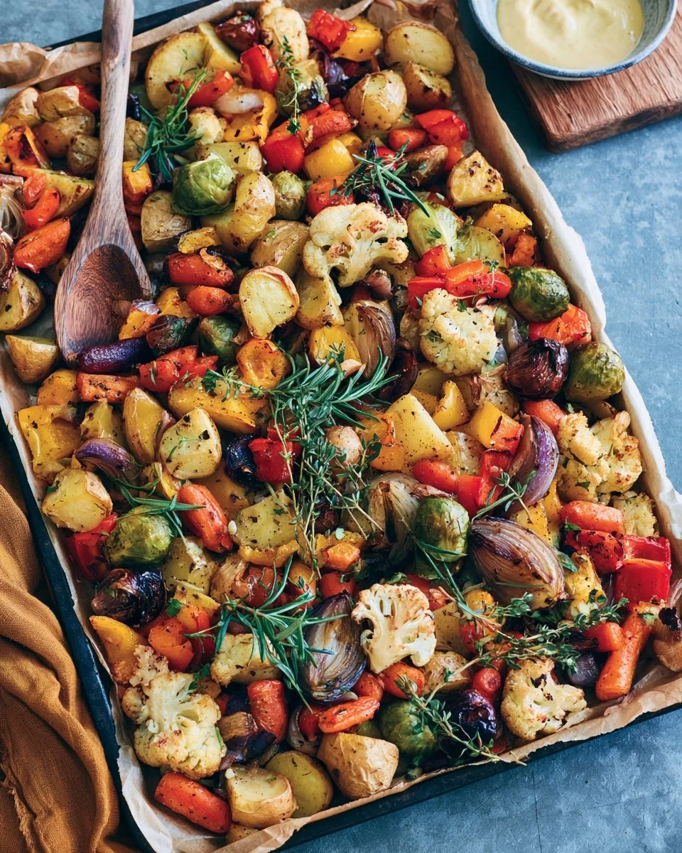 Herbstliches Ofengemüse mit veganem Feta auf einem Backblech