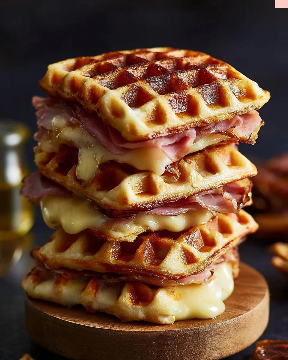 Herzhafte Waffeln mit Schinken und Käse auf einem Teller serviert