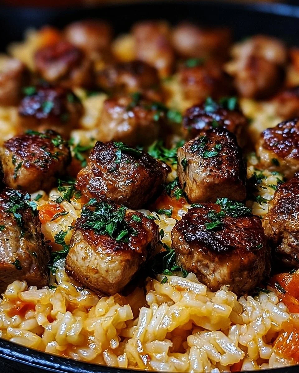Wurst Reis Pfanne mit würziger Wurst und buntem Gemüse in der Pfanne.