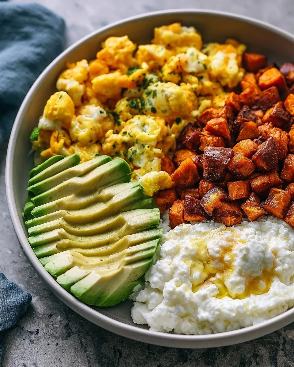 Leckere High-Protein Frühstücksschüssel mit frischen Zutaten.
