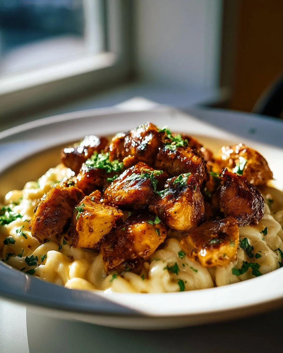 Proteinreiches honig-knoffel-hühnchen mit mac und cheese Gericht