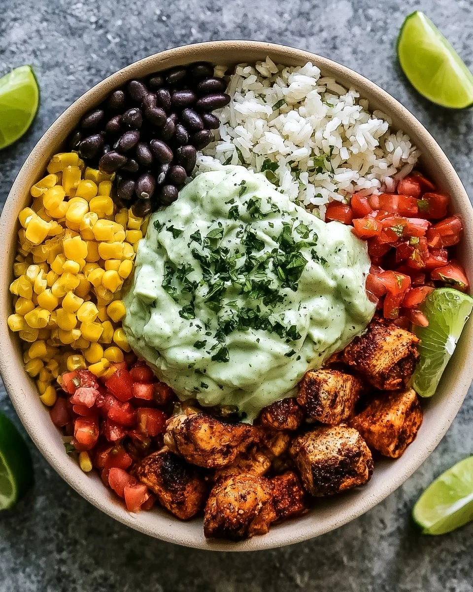 Hohe Protein Hühnchen Burrito Schüssel mit frischen Zutaten und Gewürzen.
