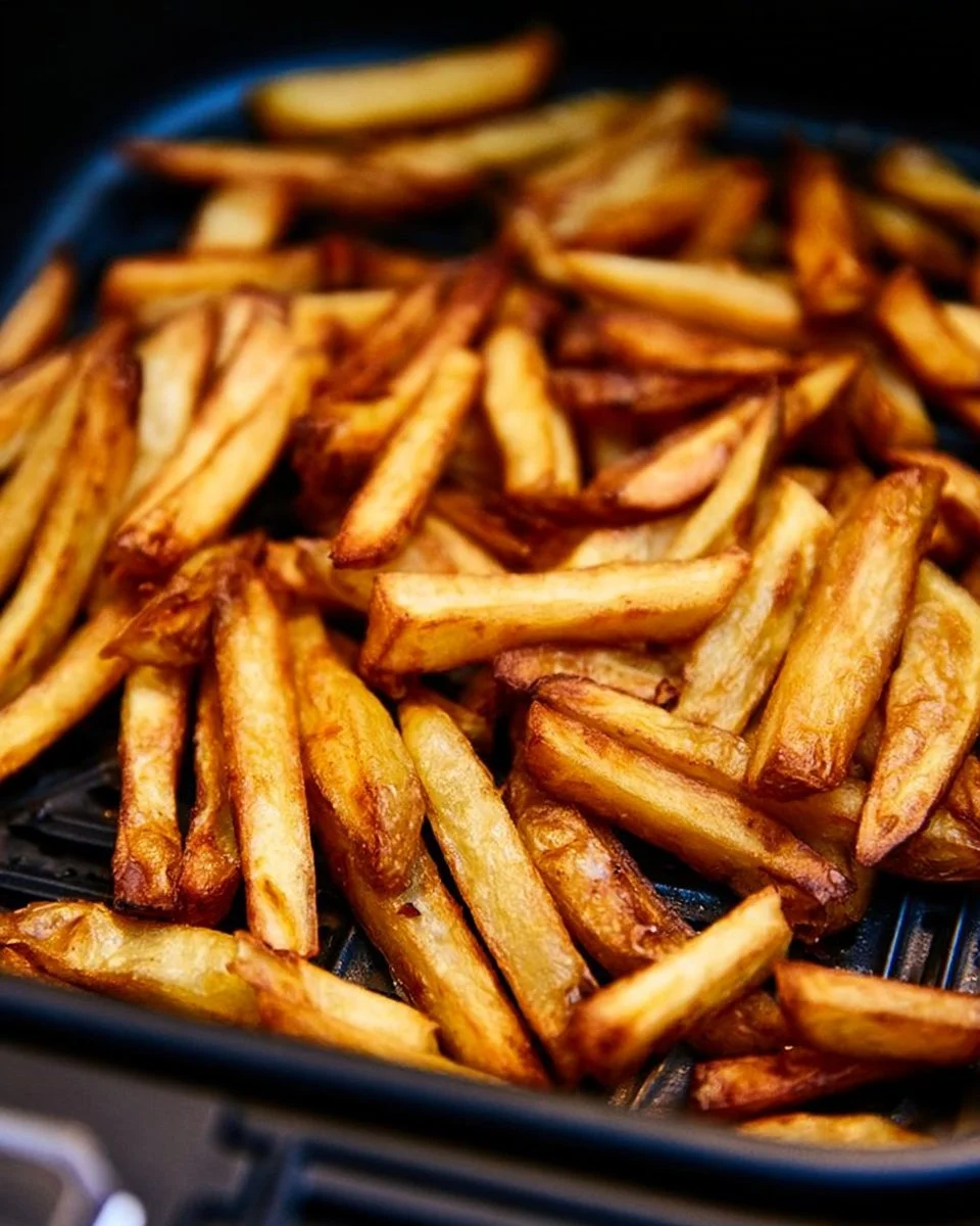 Köstliche Kartoffel Pommes aus der Heißluftfritteuse auf einem Teller.