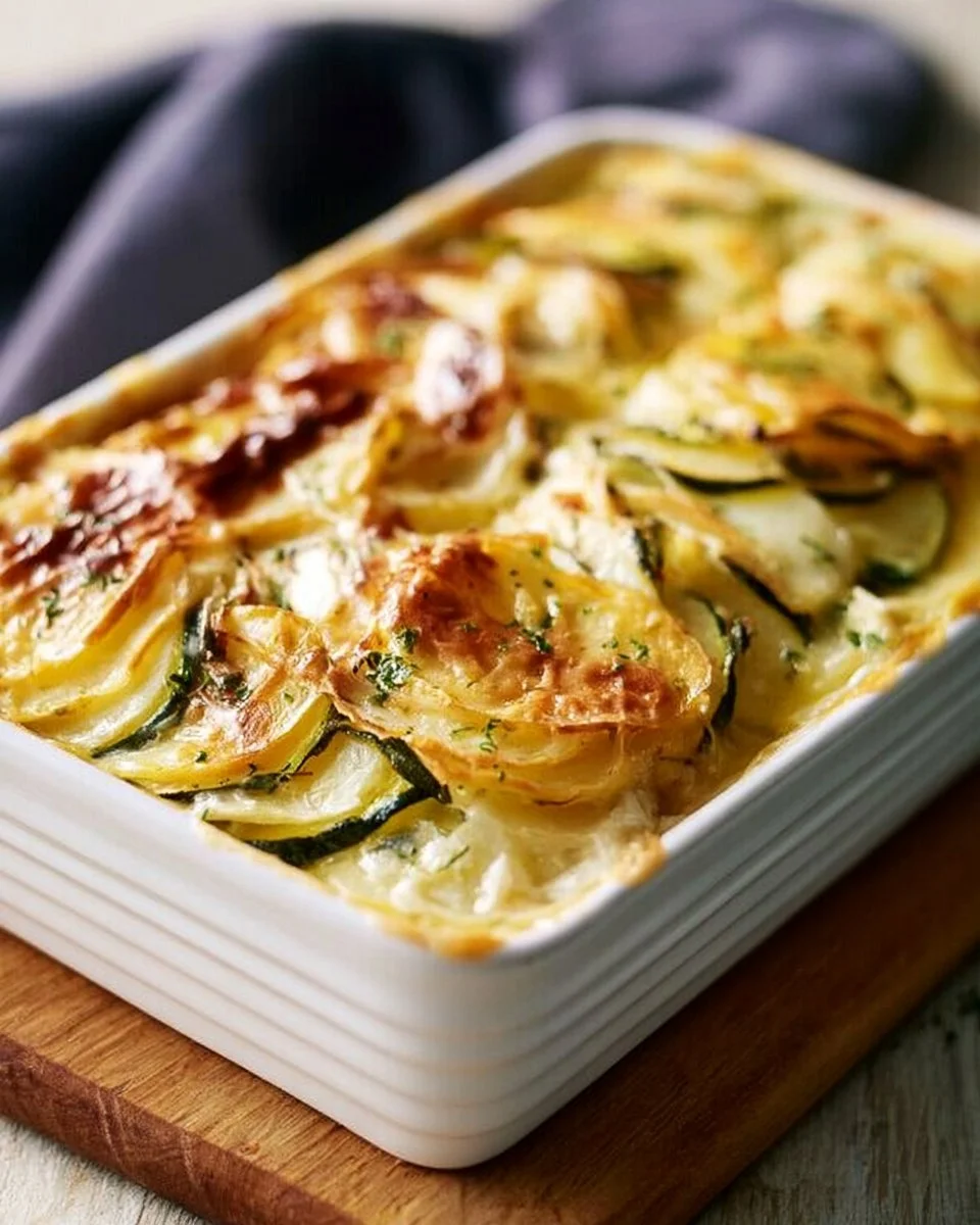 Leckere Portion Kartoffel Zucchini Auflauf mit Käse überbacken.