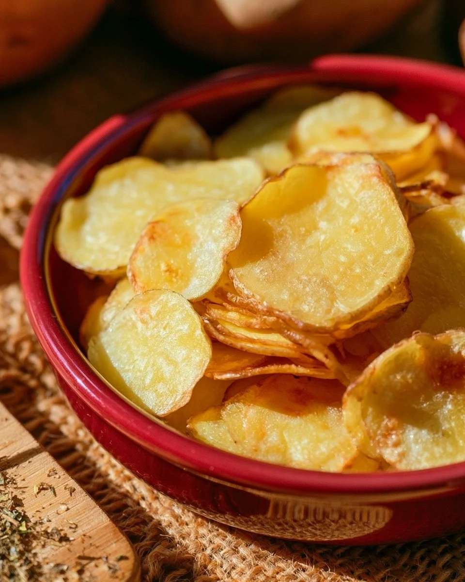 Köstliche Kartoffelchips aus der Heißluftfritteuse, perfekt knusprig und gesund.