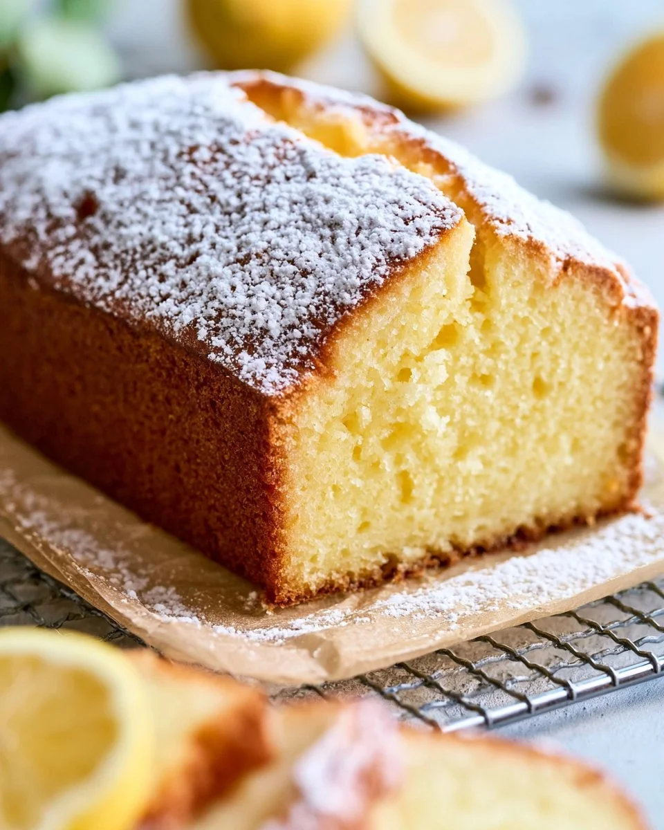 Kleiner Zitronenkuchen auf einem Teller, dekoriert mit Zitronenscheiben.