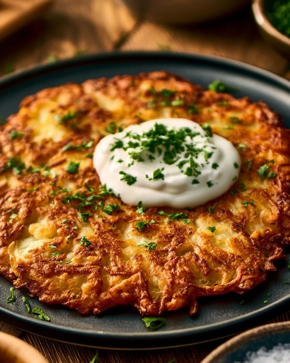 Knusprige Kartoffelrösti aus dem Airfryer auf einem Teller serviert
