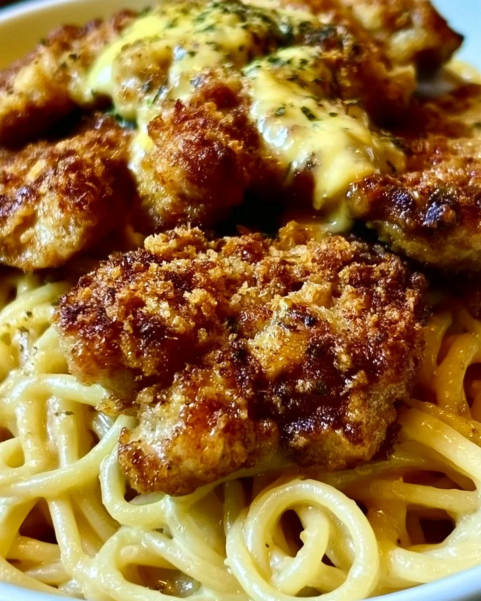 Knuspriges Hähnchen mit cremiger Pasta auf einem Teller