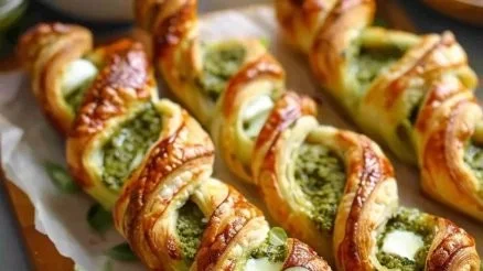 Köstliche Pesto Twists mit Mozzarella frisch auf einem Teller serviert.