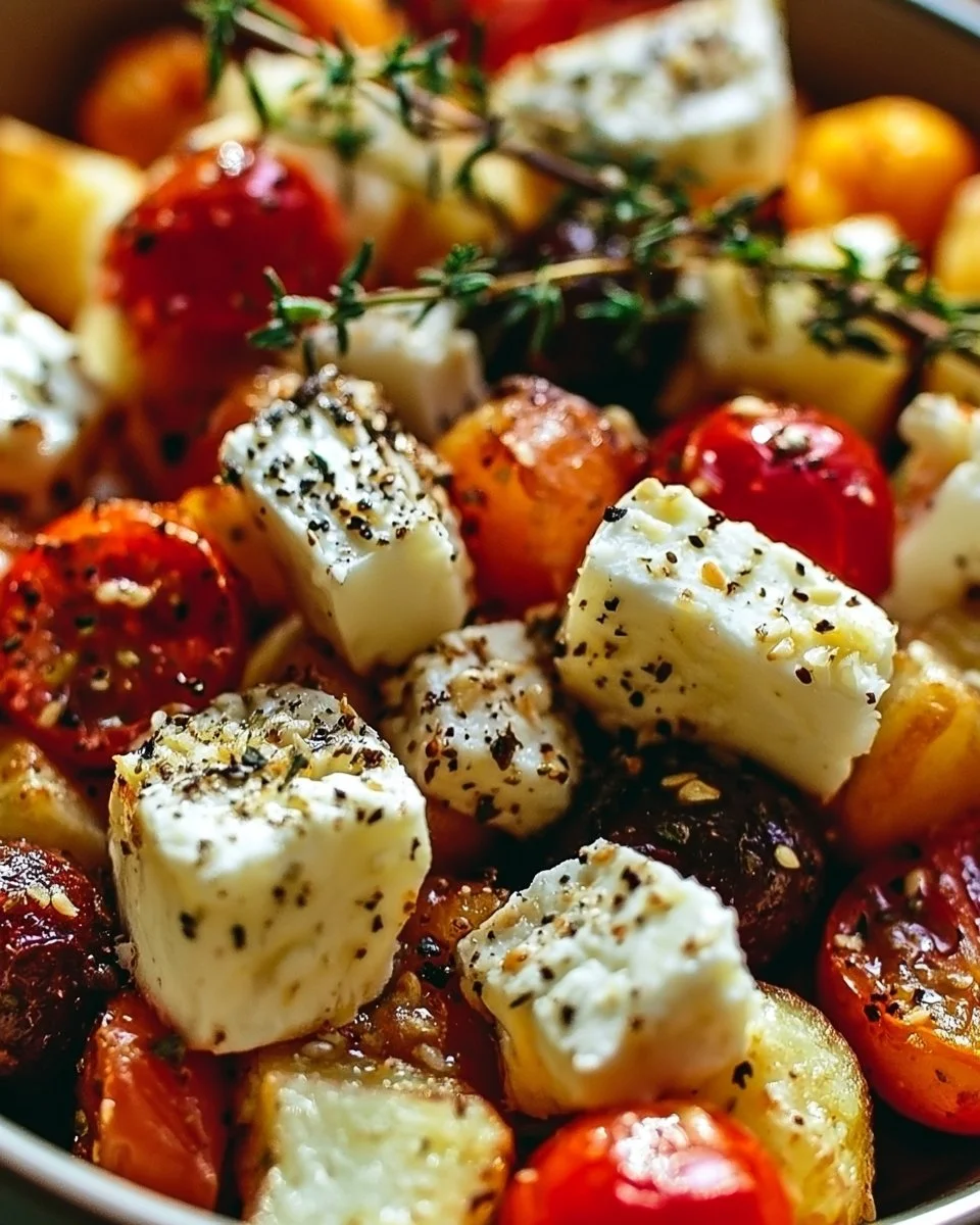 Leckeres Feta Kartoffeln Ofengemüse aus dem Ofen, serviert mit frischem Gemüse.