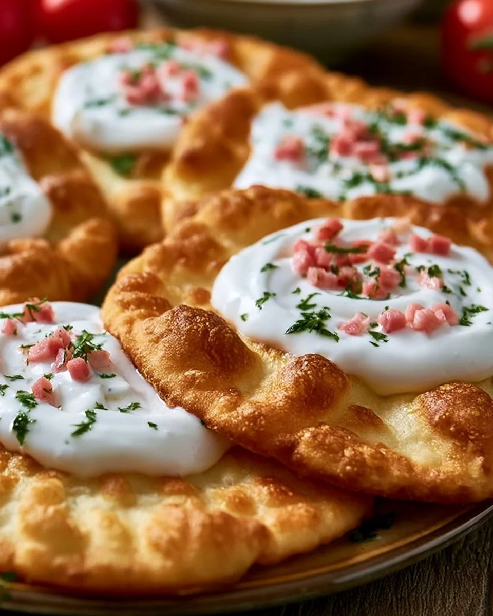 Langos aus der Heißluftfritteuse, goldbraun und knusprig serviert