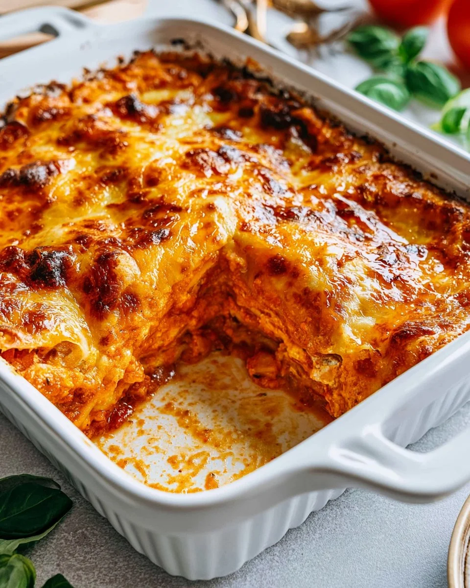 Leckere Linsenlasagne auf einem Teller, garniert mit frischen Kräutern.