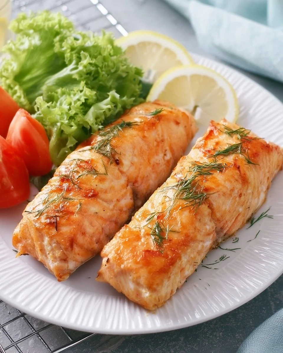 Gericht von mariniertem Lachs aus der Heißluftfritteuse, appetitlich angerichtet.