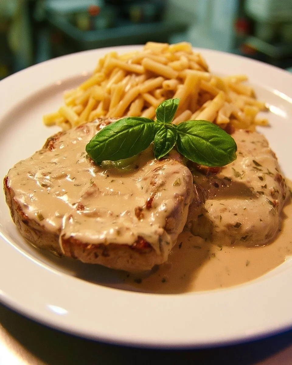 Minutensteaks vom Schwein in Frischkäse Sahnesoße auf einem Teller serviert