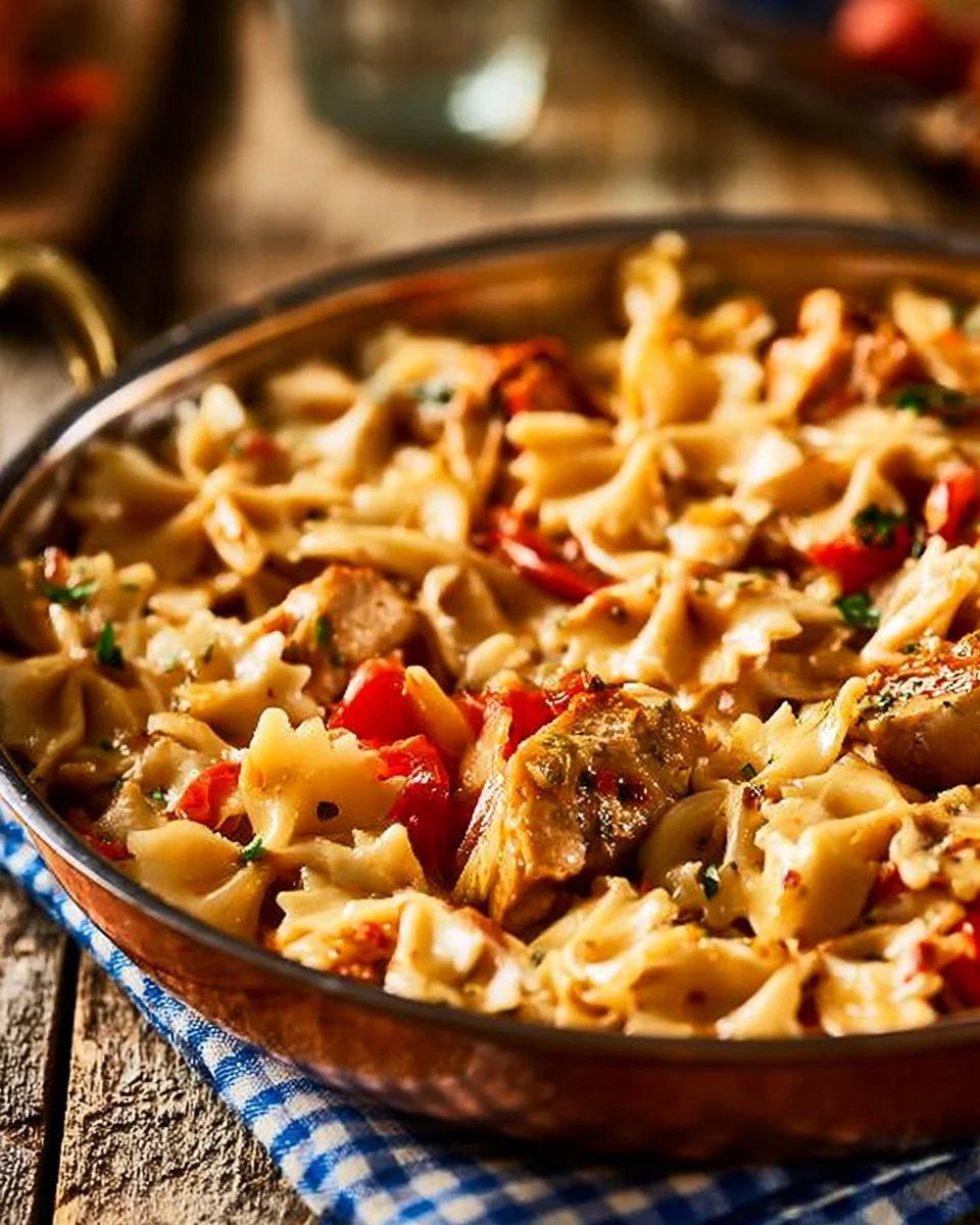 Paprika Cremeschnitzel mit Pasta auf einem Teller serviert