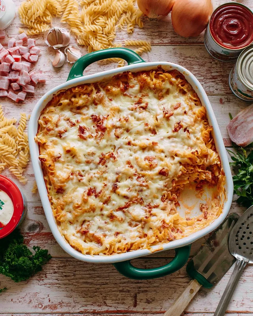 Pasta Auflauf mit Schinken, perfekt für ein herzhaftes Familienessen