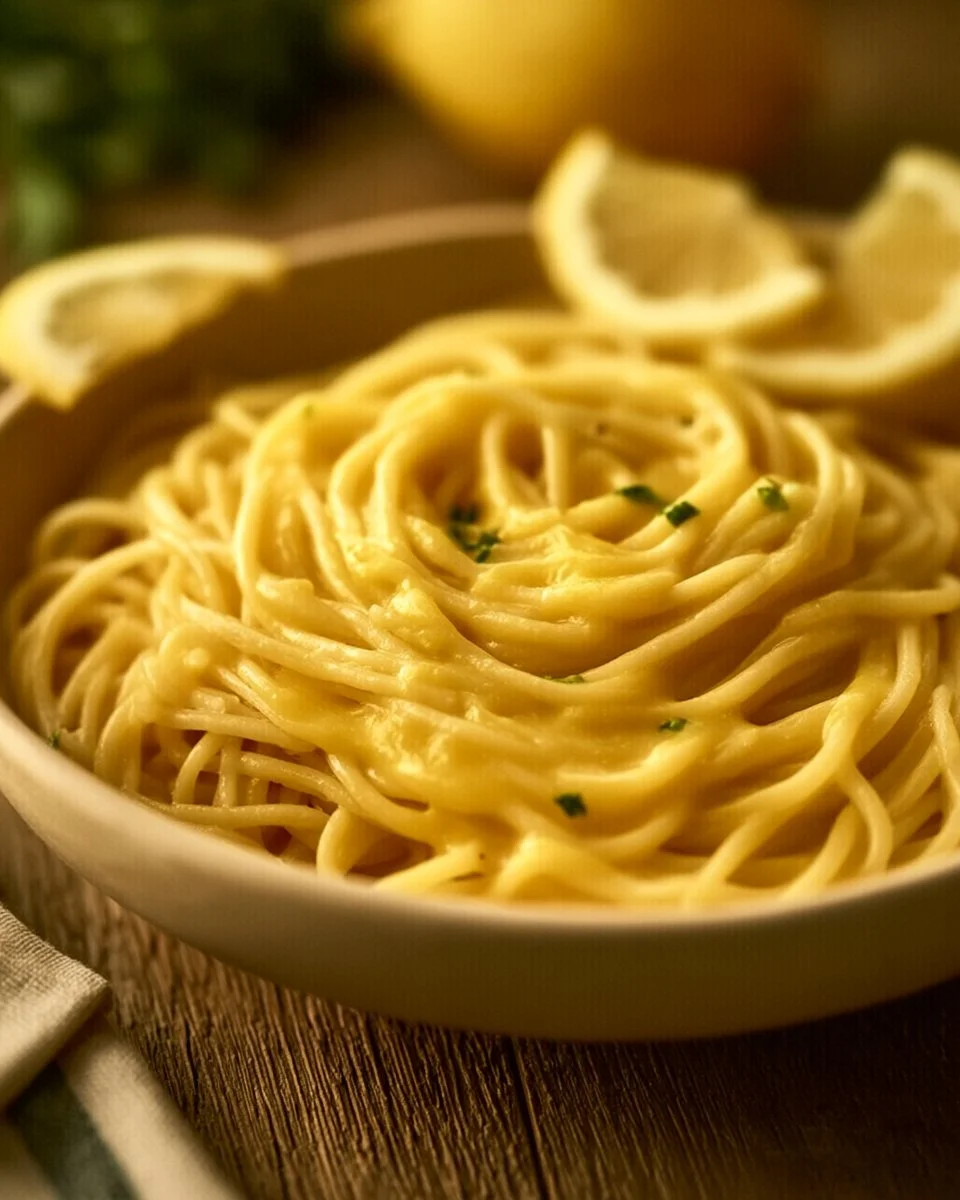 Pasta mit Zitronen Sahne Soße, frisch und cremig angerichtet