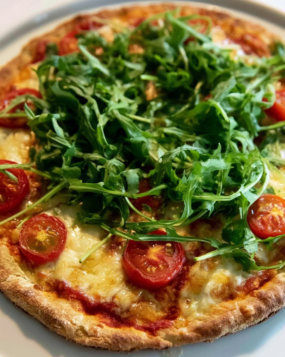 Pizza mit Hüttenkäse und Rucola auf einem Holztisch serviert