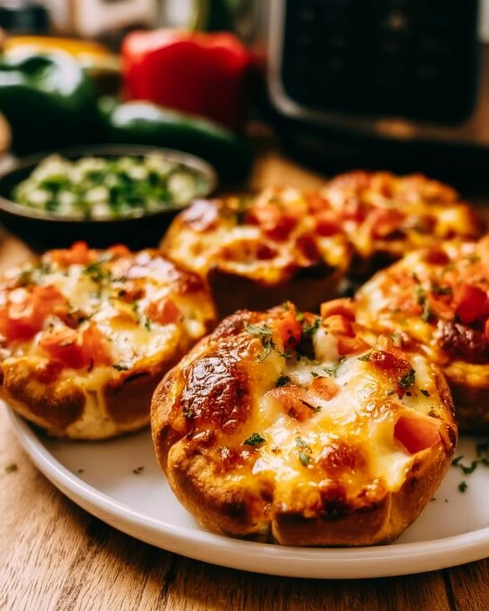 Knusprige Pizzabrötchen aus dem Airfryer auf einem Teller serviert.