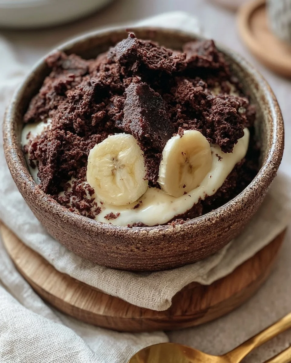 Protein-Schokoladen-Bananen-Tassenkuchen in einer Tasse, ideal für einen gesunden Snack.