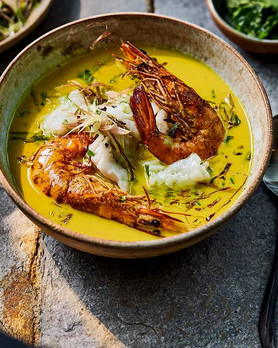 Köstliche Safransuppe mit Fischquenellen und Garnelen serviert in einer Schüssel