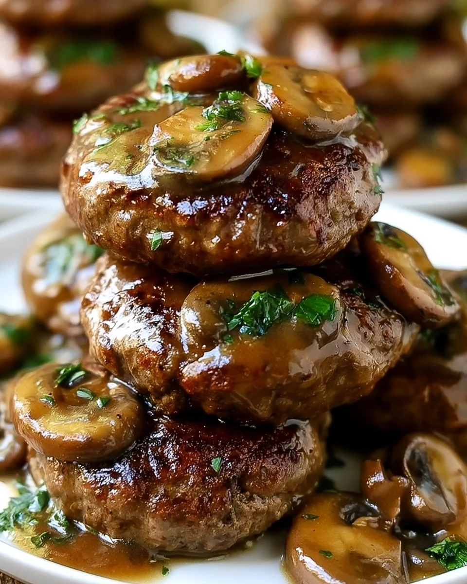 Salisbury Steak mit cremiger Pilzsoße auf einem Teller serviert.